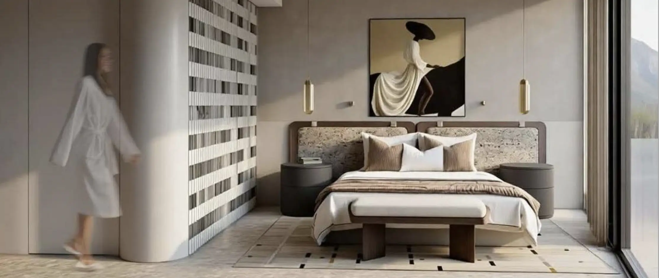 Apartment bedroom with refined finishes