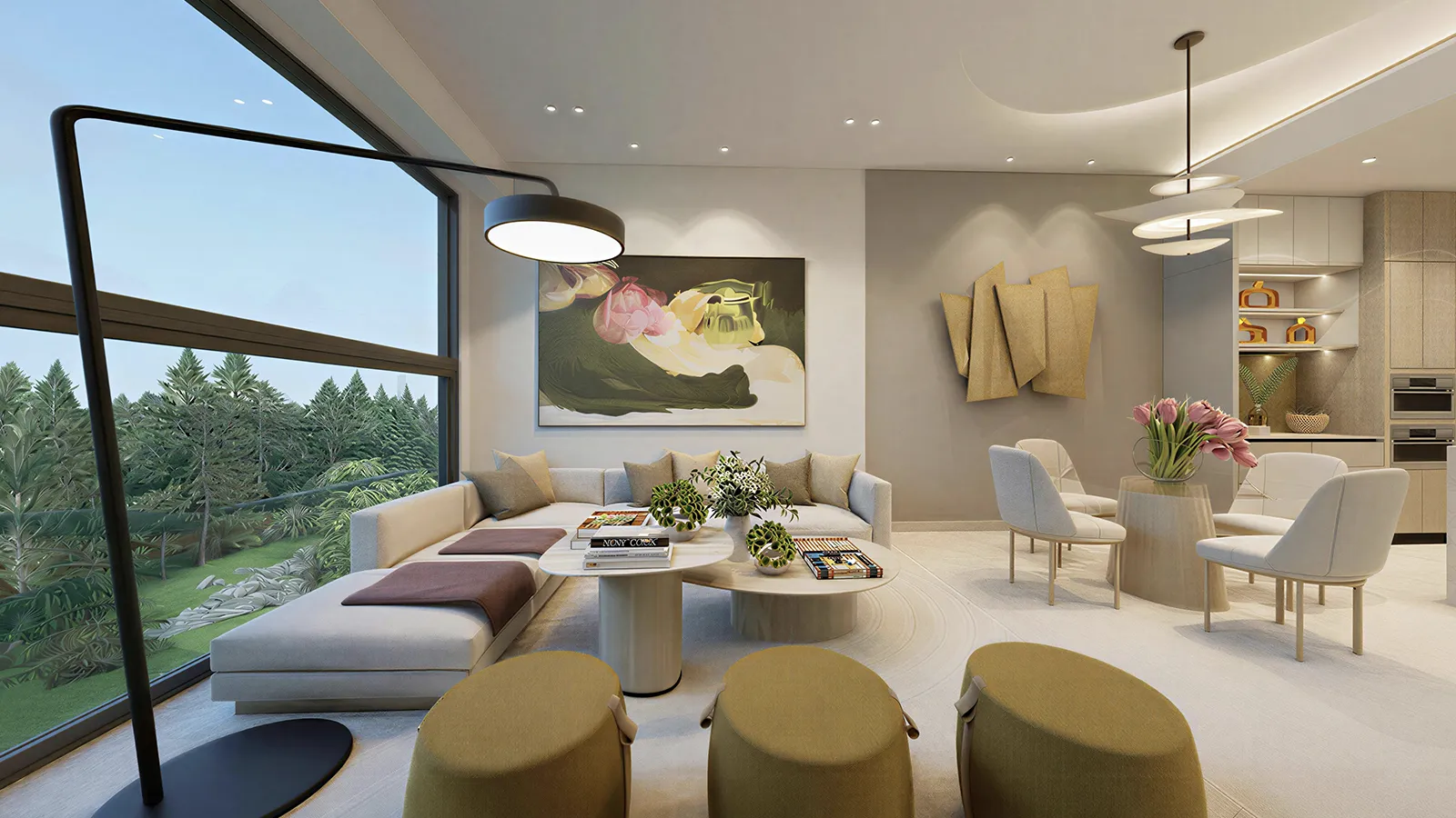 Forest Brook Reserve — open living room with floor-to-ceiling windows and forest views